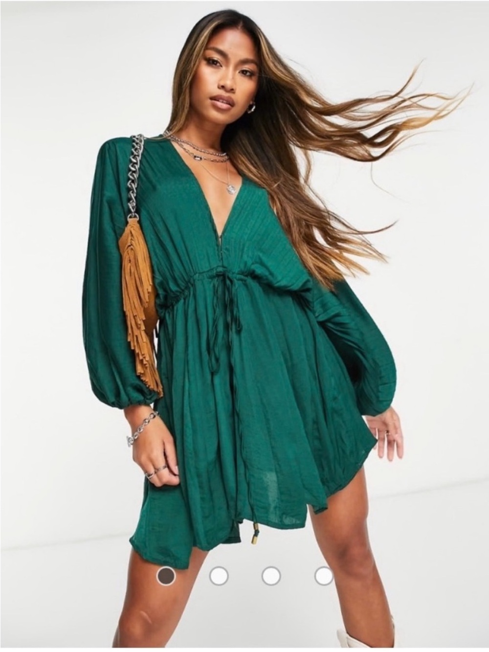 Free People Emerald Green V-Neck Drawstring Mini Dress